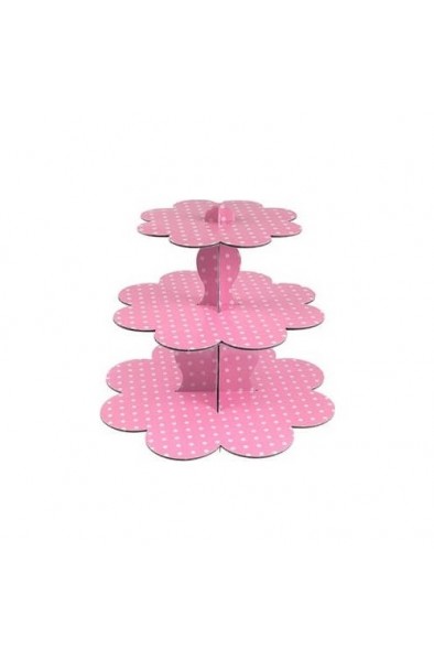 3 Katlı Pembe Puantiyeli CupCake Standı